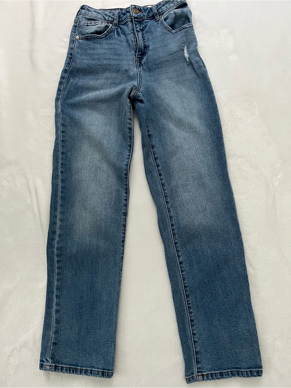 BCBGeneration Straight Leg Distressed Mid Blue Jeans